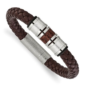 Black Bow Jewelry Men's Stainless Steel & Brown Leather Bead Accent Bracelet, 8.25 Inch - 1 of 4