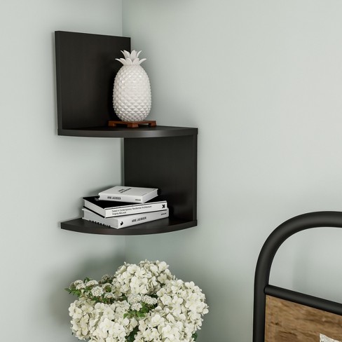 2-tier Floating Corner Shelf - Wood Wall Shelves For Bedroom And ...