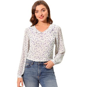 Allegra K Women's Ruffle Collar Long Sleeve Floral Printed Peasant Tops - 1 of 4