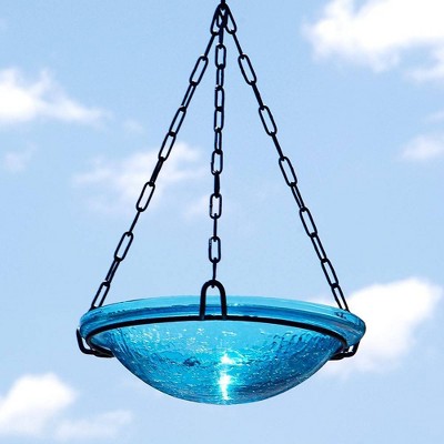 Teal Crackle Glass Hanging Birdbath Bowl