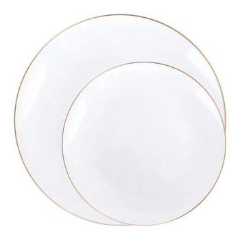 Smarty Had A Party White with Gold Rim Organic Round Disposable Plastic Dinnerware Value Set (120 Dinner Plates + 120 Salad Plates)