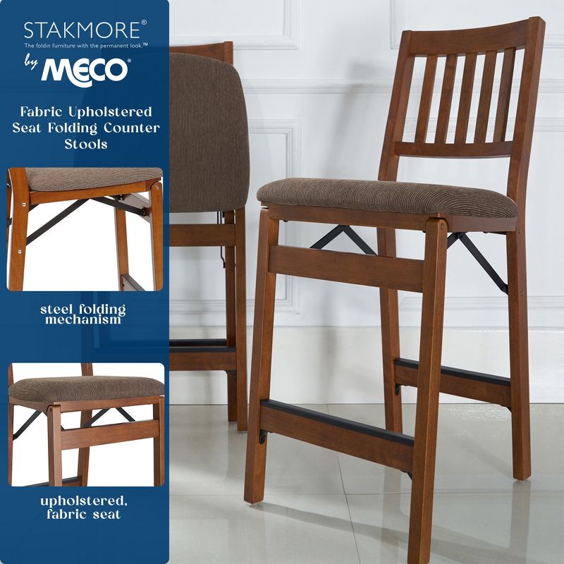 MECO Stakmore Premium Solid Wood Dining Table Folding Counter Stools Set with Fabric Padded Upholstered Seat, Espresso (Set of 2), 2 of 7