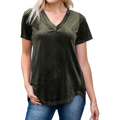 Amaryllis Women's Short-Sleeve Casual V-Neck Velvet High Low Tee Soft Luxurious Rich Texture