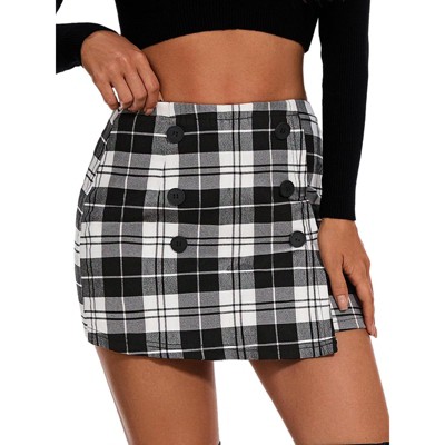 EXLURA Womens Button Bodycon Mini Skirt Sexy Night Club High Waist Elastic Y2K Fall Winter Plaid Skirts