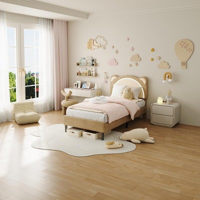Kids Bed Frame, Upholstered Platform with Adjustable Headboard & LED, Wooden Slats, No Box Spring