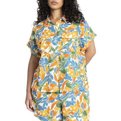 ELOQUII Women's Plus Size Printed Short Sleeve Button Up - image 1 of 4