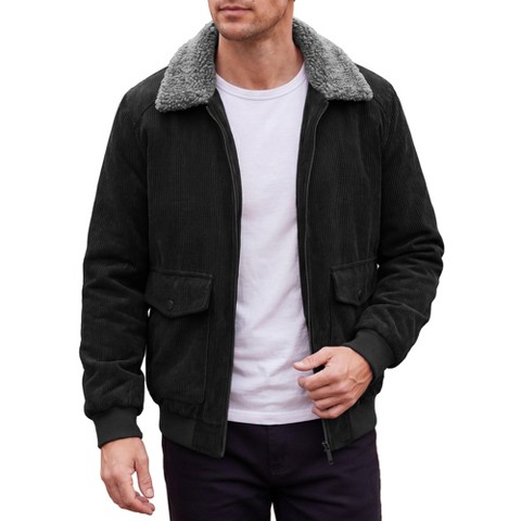 INSPIRE CHIC Men's Winter Outwear Zip Up Side Pockets Thickened Fleece Lined Corduroy Coat Large Black