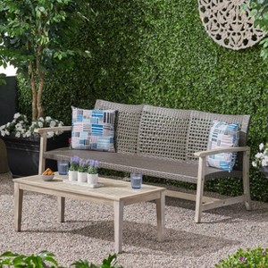 Christopher Knight Home Sewell Outdoor Acacia Wood and Wicker 3 Seater Sofa and Coffee Table Set - 1 of 4