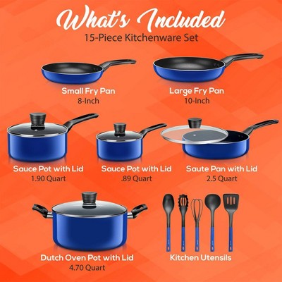 SereneLife 15-Piece Blue Aluminum Non-Stick Cookware Set