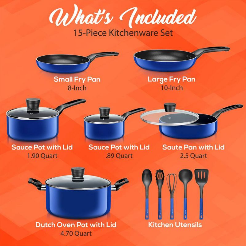 SereneLife 15 Piece Essential Home Heat Resistant Non Stick Kitchenware Cookware Set w/ Fry Pans, Sauce Pots, Dutch Oven Pot, and Kitchen Tools, Blue, 2 of 7