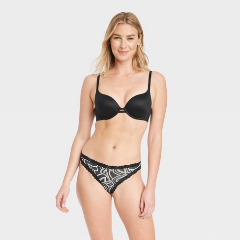 Women's Floral Print Lace Trim Cotton Thong - Auden™ Black M : Target