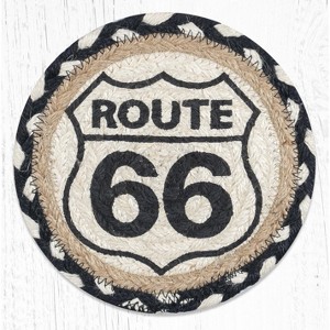 Earth Rugs Large Round Coaster – Route 66 Print in Braided Jute, 7"x7" Rustic Americana Table Accent - 1 of 3