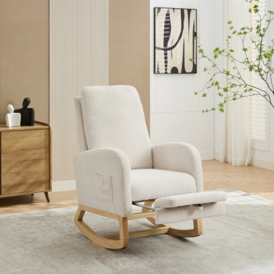 Modern Boucle Rocking Chair with Retractable Footrest, Upholstered Accent Lounge Chair with Wood Legs for Living Room or Bedroom–The Pop Home