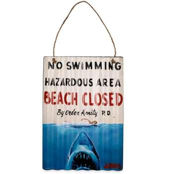 Silver Buffalo JAWS "Beach Closed" Corrugated Tin Sign | 12 x 16 Inches