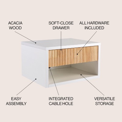 White MDF Floating Nightstand with Rattan Drawer