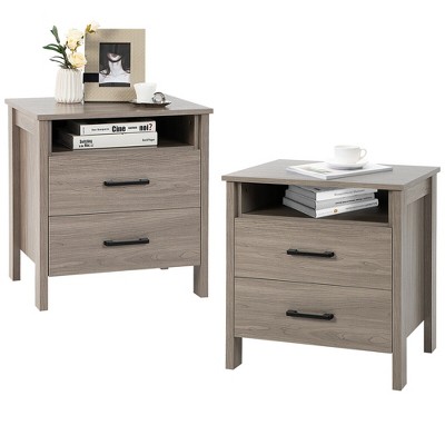 Tangkula 2PCS Nightstand End Table Sofa Bed Side Table w/ 2 Drawers Cable Hole Oak