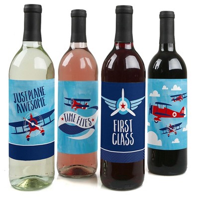 Big Dot of Happiness Taking Flight - Airplane - Vintage Plane Baby Shower or Birthday Party Decorations - Wine Bottle Label Stickers - Set of 4