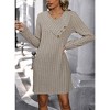 Women's Solid Color Brushed Rib Knit Dress with Buttoned Asymmetric Neck, Straight - Cut Dress for Casual and Daily Wear - 2 of 4