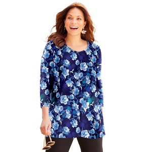 Catherines Women's Plus Size Suprema 3/4 Sleeve V-Neck Tee - 1 of 4