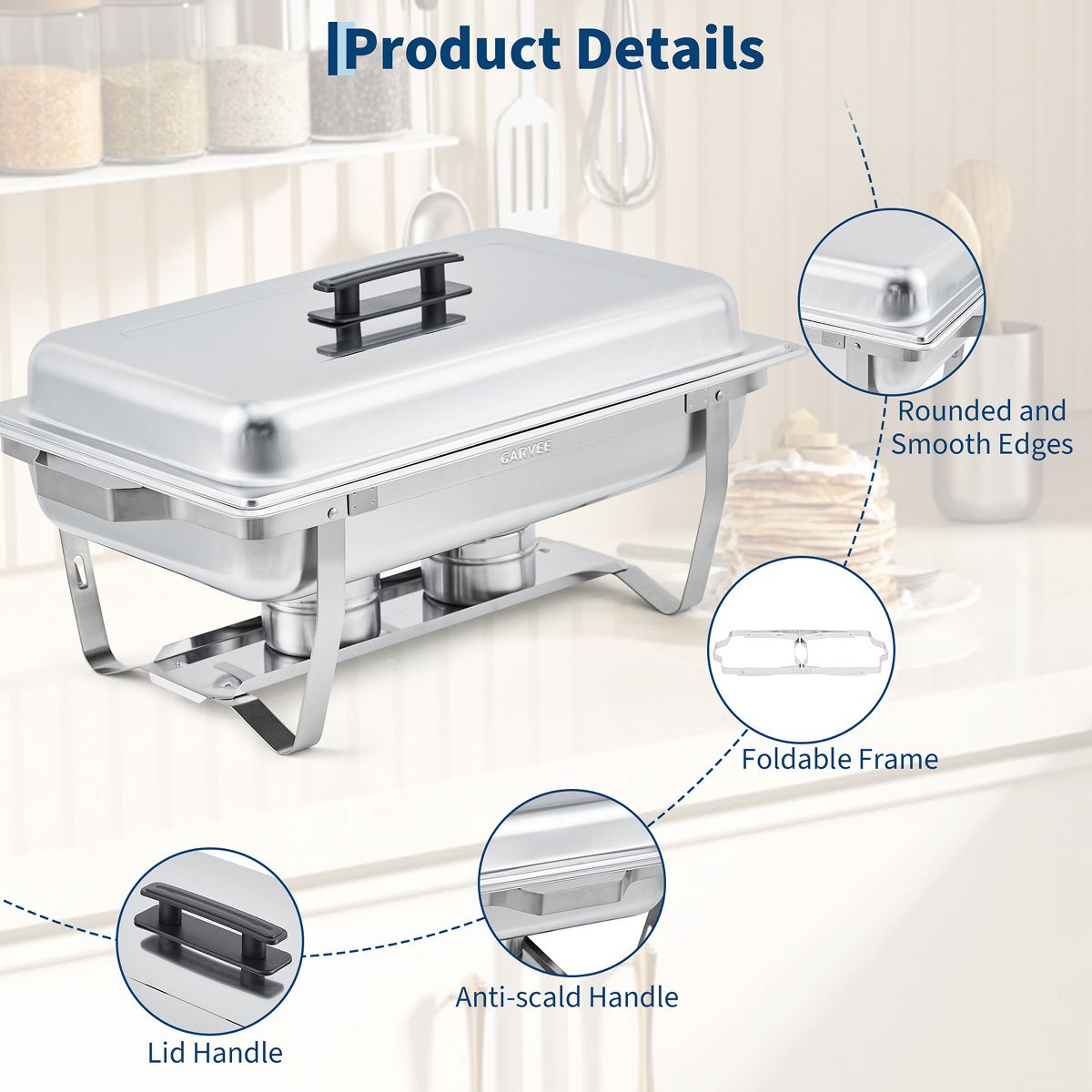 Chafing Dish Buffet Set, 8 Qt Rectangle & 5 Qt Round Stainless Steel Chafers and Food Warmer Sets with Lid, Food & Water Pan and Fuel Holder - thumbnail 6