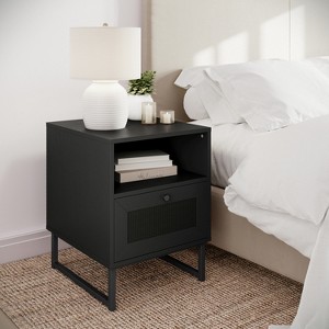 Flash Furniture Malaki Mid-Century Modern Nightstand or End Table with Rattan Accented Drawer, Open Upper Shelf, and Metal Legs - 1 of 4