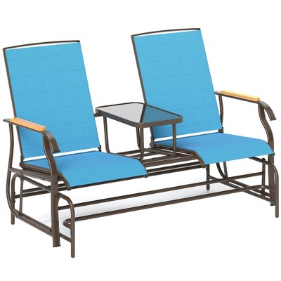 Outsunny Outdoor 2-Person Glider Bench with Table, Outside Breathable Mesh Swing Chair for Patio, Garden, Backyard, Porch