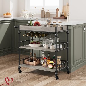3 Tier Bar Cart Bar Cart with Wheels Rolling Cart with Wine Rack and Glasses Holder, Industrial Serving Cart with Removable Tray - 1 of 4