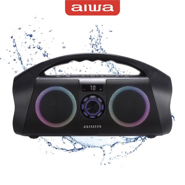 Altavoz portátil Bluetooth Aiwa con iluminación LED multicolor y pantalla digital, resistente al agua IPX7 4