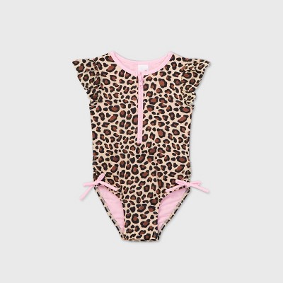 Toddler Girls Leopard Print Zip Front Flutter Sleeve One Piece Swimsuit Cat Jack Brown Target