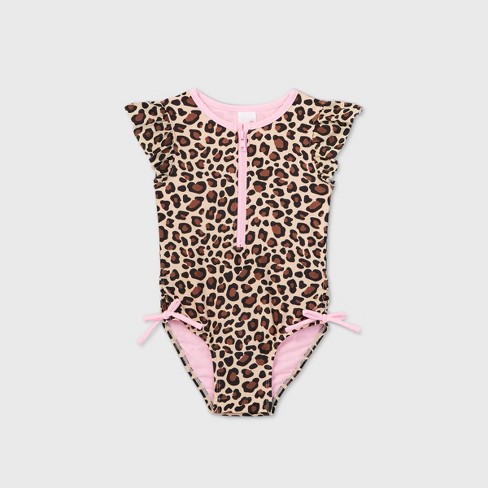 Toddler Girls Leopard Print Zip Front Flutter Sleeve One Piece Swimsuit Cat Jack Brown Target