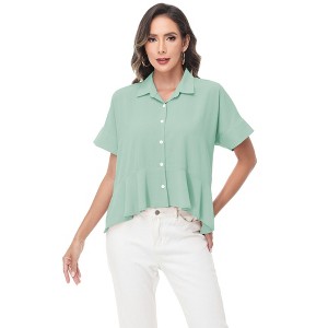 Anna-Kaci Women's Short Sleeve Button-Up Blouse with Peplum Hem and Classic Collar - 1 of 4