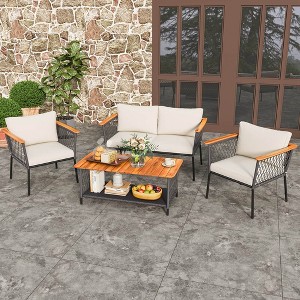 Costway 4 PCS Patio Furniture Set with 2-Tier Coffee Table Acacia Wood Armrests Tabletop - 1 of 4