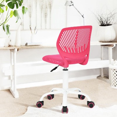 FurnitureR Study Desk Chair Armless Cute, Ergonomic Small Swivel Adjustable Rolling Lightweight Task Chair with Wheels, Hot Pink