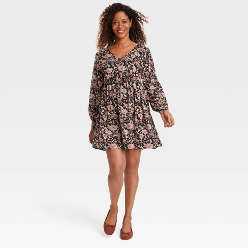 Women's Bishop Sleeve A-line Dress - Knox Rose™ Black Floral L