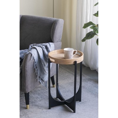 NicBex Round Tray-Top Table with Geometric Base End Table for Living Room, Brown+Black