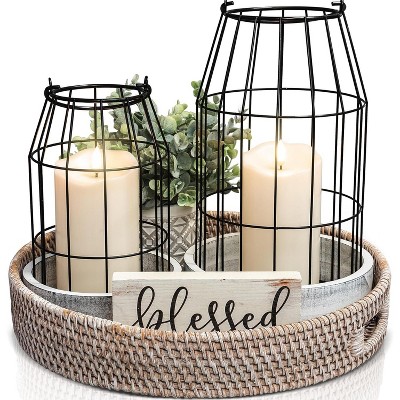 Rustic Farmhouse Lantern Decor Set of 2 - Stylish Decorative Lanterns for Your Living Room, Fireplace Mantle or Kitchen Dining Table - Modern Beauty