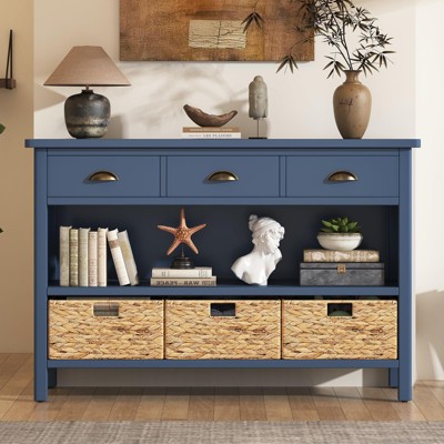 47.00" Sideboard Buffet Cabinet Accent Cabinet Elegant Vintage Console Table with Drawers Water Hyacinth Woven Baskets