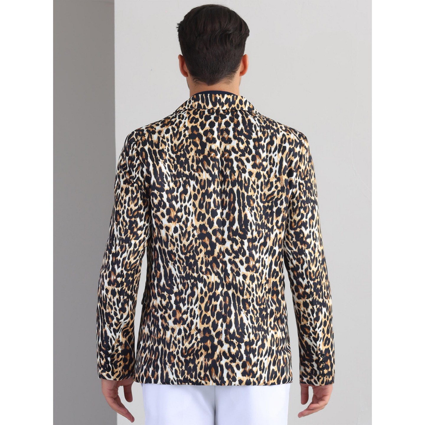 Мужской пиджак INSPIRE CHIC Party Festival Peak Lapel Double-Breasted Animal Print Blazer Black White, цвет: Коричневый — фото 5