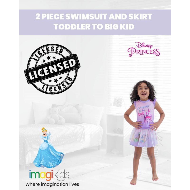 Disney Princess Moana Jasmine Cinderella Girls Tankini Top Modest Swimsuit Skirt and Bikini Bottom 3 Piece Toddler to Big Kid, 2 of 10