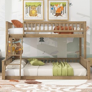 Okak Wooden Full Size Floor Bunk Bed, Kids Bunk Beds with Ladder and Safety Guardrails, Twin Bunk Beds for Kids, Teenagers - 1 of 4