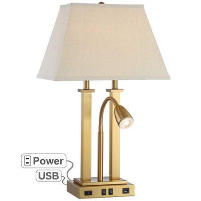 Possini Euro Design Modern Desk Table Lamp with USB and AC Power Outlet in Base LED Antique Brass Oatmeal Shade for Bedroom Office