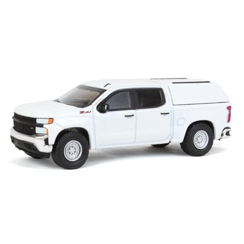 Greenlight Collectibles 1/64 Summit White 2022 Chevrolet Silverado WT  Pickup Truck with Camper Shell Blue Collar Series 11 35240-F