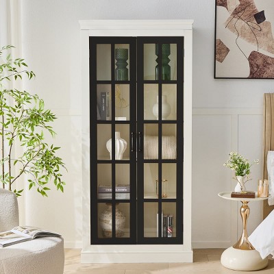 Farmhouse Glass Door Display Cabinet with Storage Shelves, Black Freestanding Curio Cabinet for Living Room, Office, or Hallway-Tanpinhause