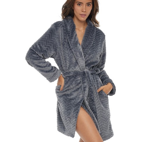 Adr Women's Classic Plush Robe, Chevron Textured Short Hooded Bathrobe  Steel Gray Large : Target