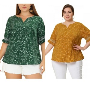 Women's Plus Size 2 Pieces Floral Boho Polka Dots Short Sleeve Cute Smocked Spring Blouses - Agnes Orinda - 1 of 4