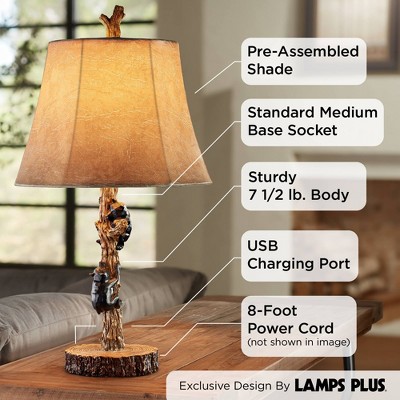 Rustic Brown Faux Wood Bear Table Lamps with USB Ports