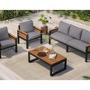 Outdoor 4-Piece Patio Seating Set, Seating Set with Acacia Wood Armrest Chairs and Coffee Table, Iron Chairs with Polyester Cushions–Cuddlewood - 3 of 4
