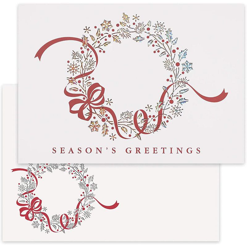 Masterpiece Studios 12-Count Boxed Laser Cut Holiday Cards With Coordinating Envelopes, 5" x 7", Red Bow Wreath (938300), 1 of 3