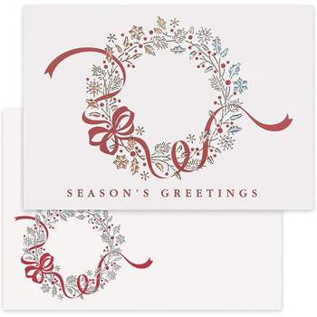 Masterpiece Studios 12-Count Boxed Laser Cut Holiday Cards With Coordinating Envelopes, 5" x 7", Red Bow Wreath (938300)