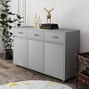 Three Doors Side Table, Grey color cabinet with 3 drawers and 3 doors, 2 different size shelving space - 2 of 4